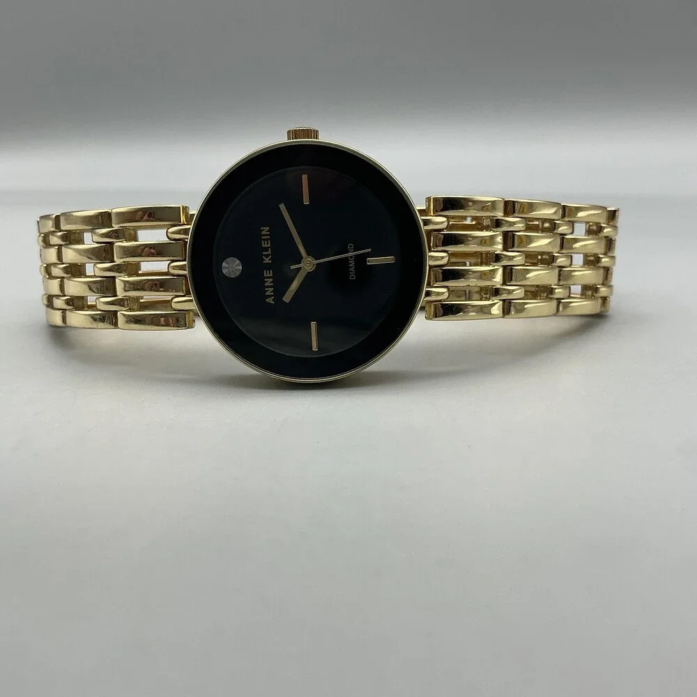 Anne Klein Womens Watch 30mm Black Dial Gold Tone Diamond New Battery 7.5